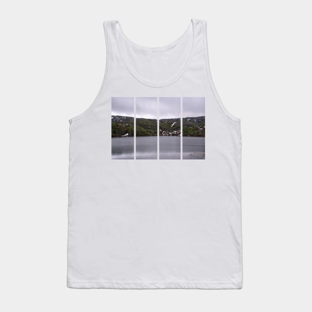 Wonderful landscapes in Norway. Vestland. Beautiful scenery of houses with grass roof. Norwegian traditional architecture Mountains, trees and snow in background. Cloudy day Tank Top by fabbroni-art